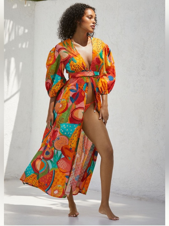 FARM Rio Dresses & Skirts - FARM Rio Summery Salad Puff-Sleeve Eyelet Tie-Waist Midi Dress Coverup.